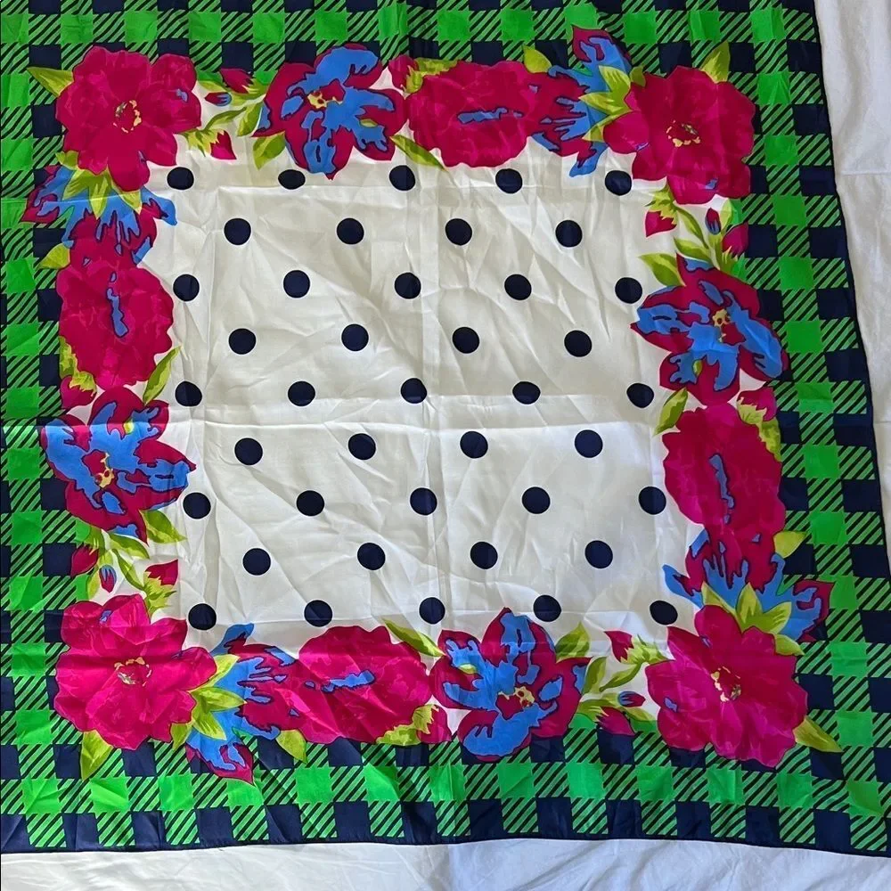 Echo Green and Pink Floral Polka Dot Silk Scarf